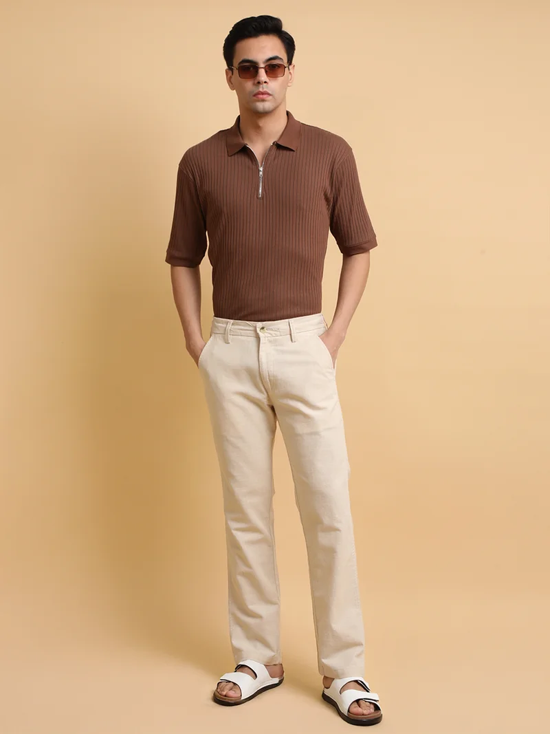Maniac  Maniac Mens Italy Linen Solid Cream Cotton Trouser for Men | Best Price UAE